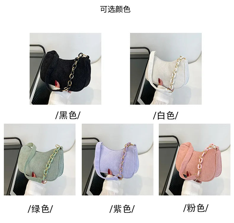 Korean Fashion Vintage Corduroy Underarm Bag | Women's Summer Soft Zipper Shoulder Small Bag | Casual Clutch Handbag Luxegan