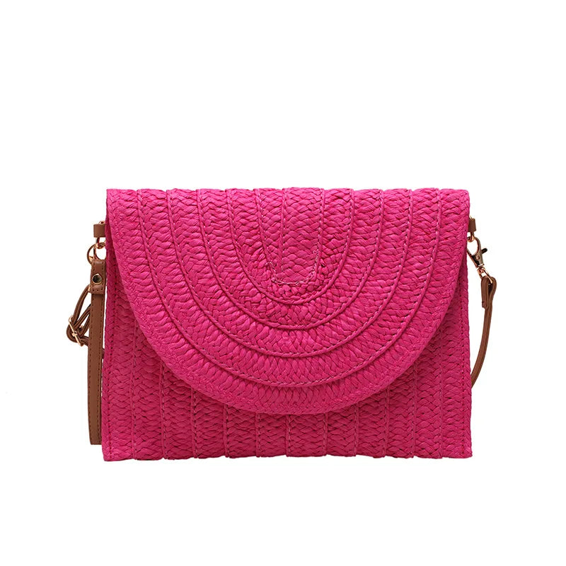 Handmade Woven Straw Envelope Clutch | Sophisticated Fur-Accent Shoulder Bag | Elegant Summer Crossbody Purse | "Dignified" Soft Beach Handbag for Versatile Vacation Styling Luxegan