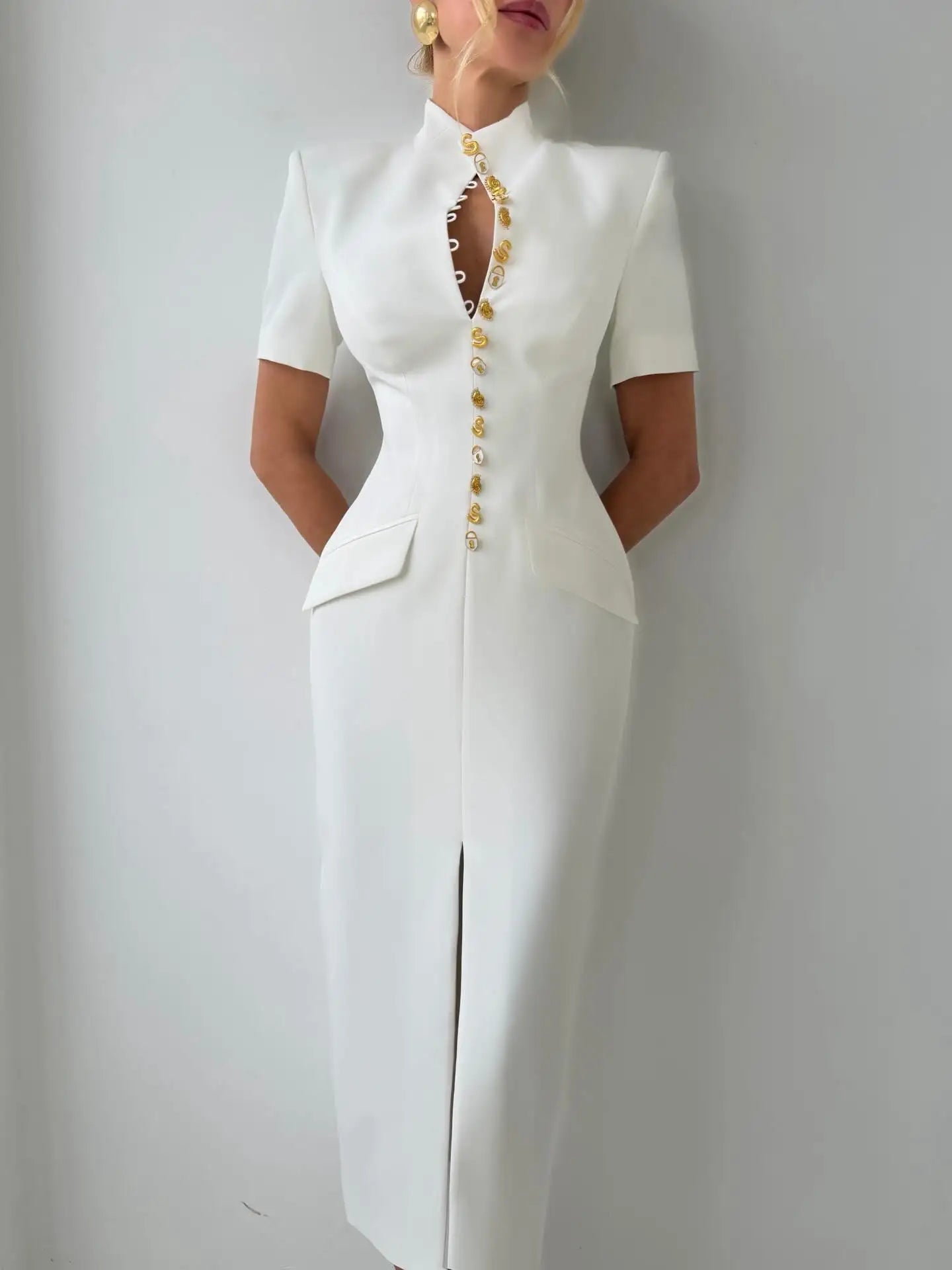 Elegant Solid Buttons Long Dress Women Waist Cinched Shoulder Pads High Collar Slit Dresses 2026 Spring Summer Lady Party Robes