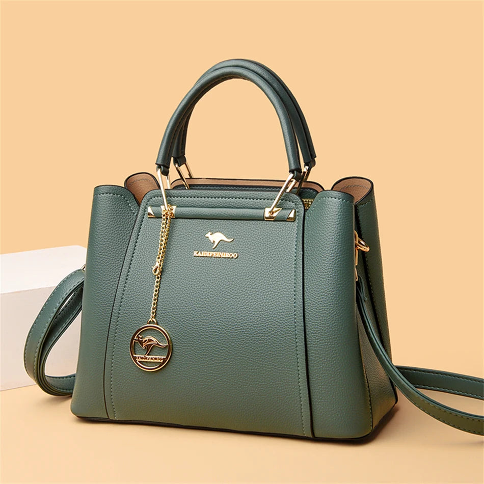 Luxury Women’s Designer 3-Layer Shoulder Bag | Large Capacity Microfiber Leather Crossbody | Sophisticated Shopper Tote with Kangaroo Logo & Pendant | Fashion-Forward Multi-Compartment Messenger Luxegan