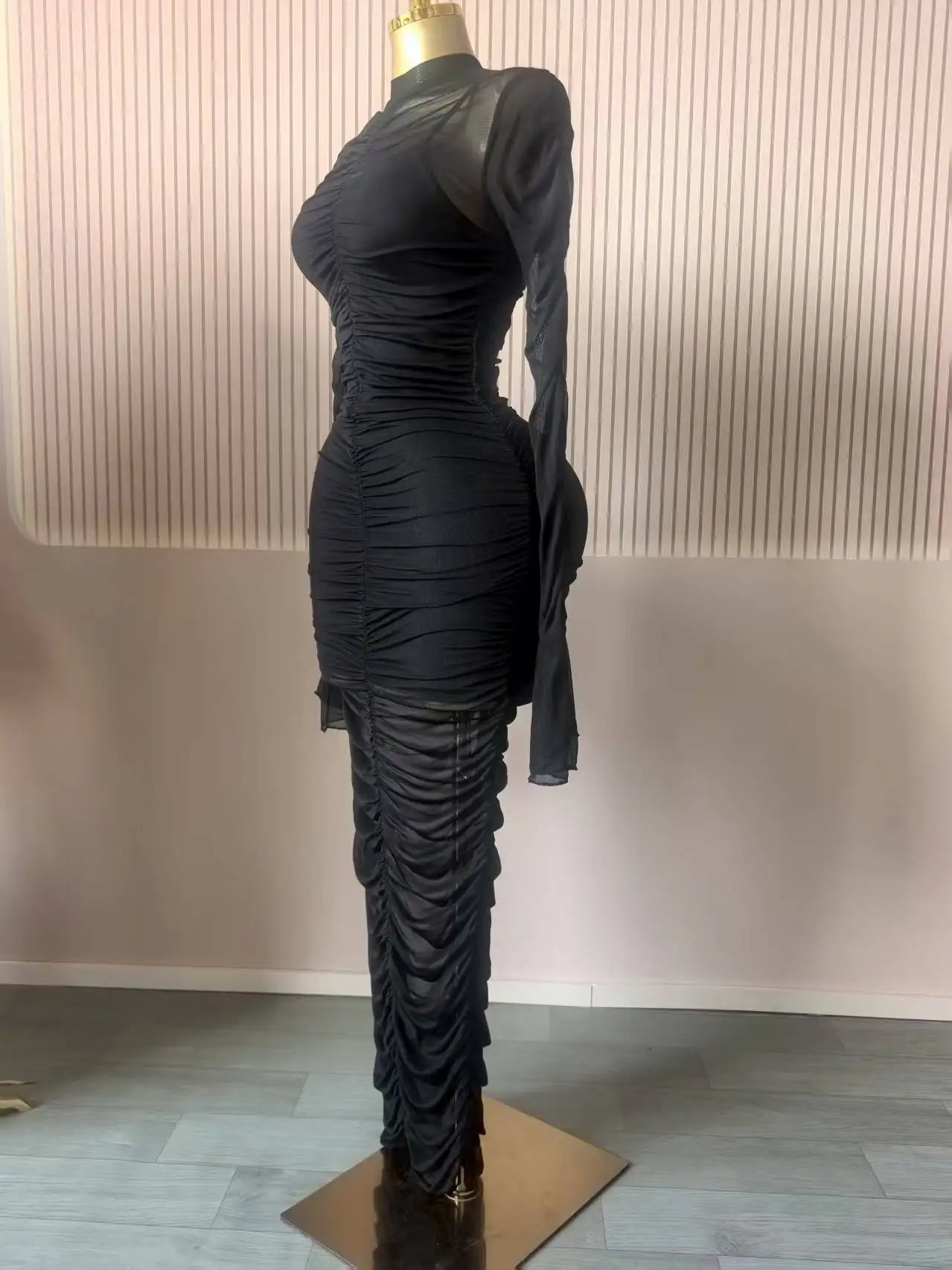 CM.YAYA Women Flare Long Sleeve Stacked Ruched Mesh See Though with Tank Dress Maxi Long Dress 2025 Birthday Sexy Party Dresses