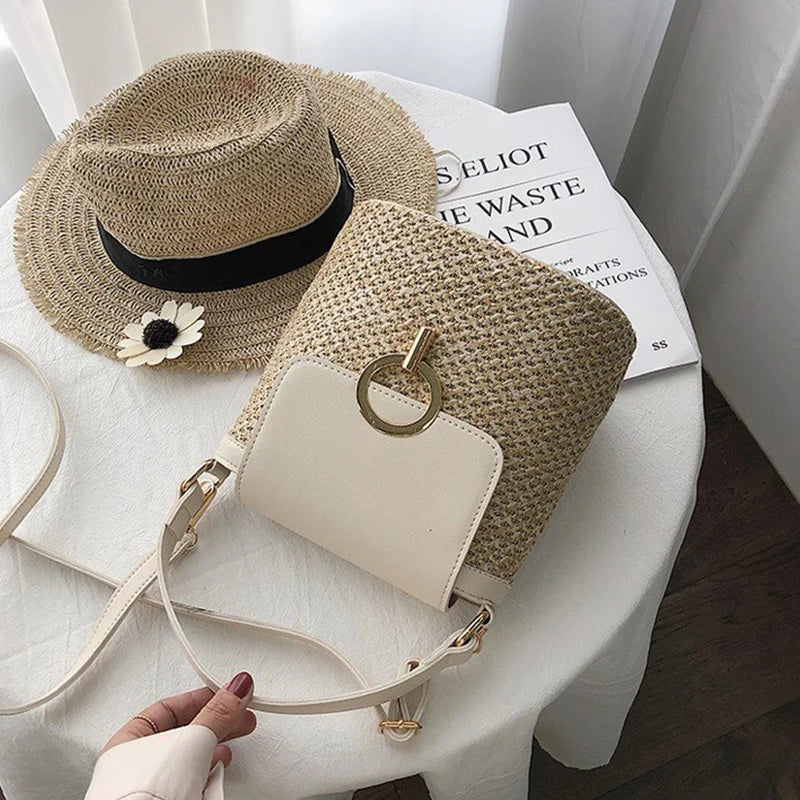 Summer Straw Bucket Bag for Women | Sophisticated Rattan Lady Travel Purse | Elegant Handmade Knitting Pattern Shoulder Bag | Fashion-Forward Straw Messenger with "Dignified" Chain Accent Luxegan