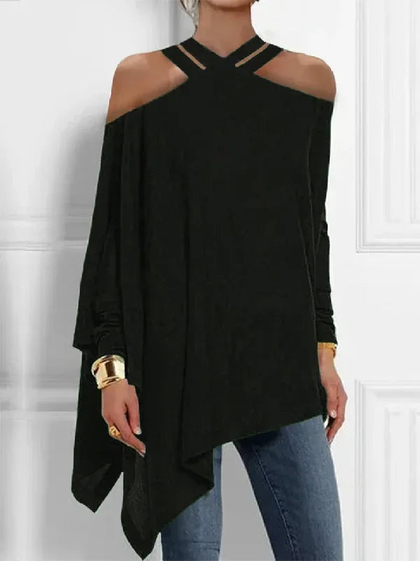 Cross Halterneck Cold Shoulder Blouse | Sophisticated Solid Color Long Sleeve Silhouette | Elegant "Asymmetric Pleated" Autumn Pullover | "Dignified" Tat-Woven Blended Fabric for Radiant Versatile Styling Luxegan