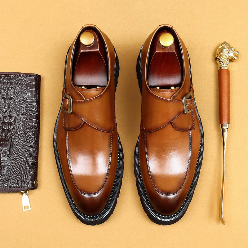 European Luxury Men's Sneakers | Sophisticated Double Monk Strap Cow Leather Footwear | Elegant "Wingtip Brogue" Silhouette | "Dignified" Round-Toe Casual Shoes for Radiant Versatile Office & Party Styling Luxegan