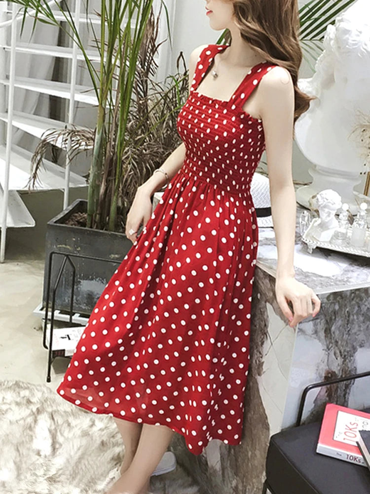 Summer Befree Beach Vintage Dot Camisole Dress | Elegant Ruffle Mid-Calf Maxi Dress | Sexy Strapless Cotton Blend Fit & Flare Vestidos | Casual High-Stretch Plus Size Dress Up to 5XL Luxegan