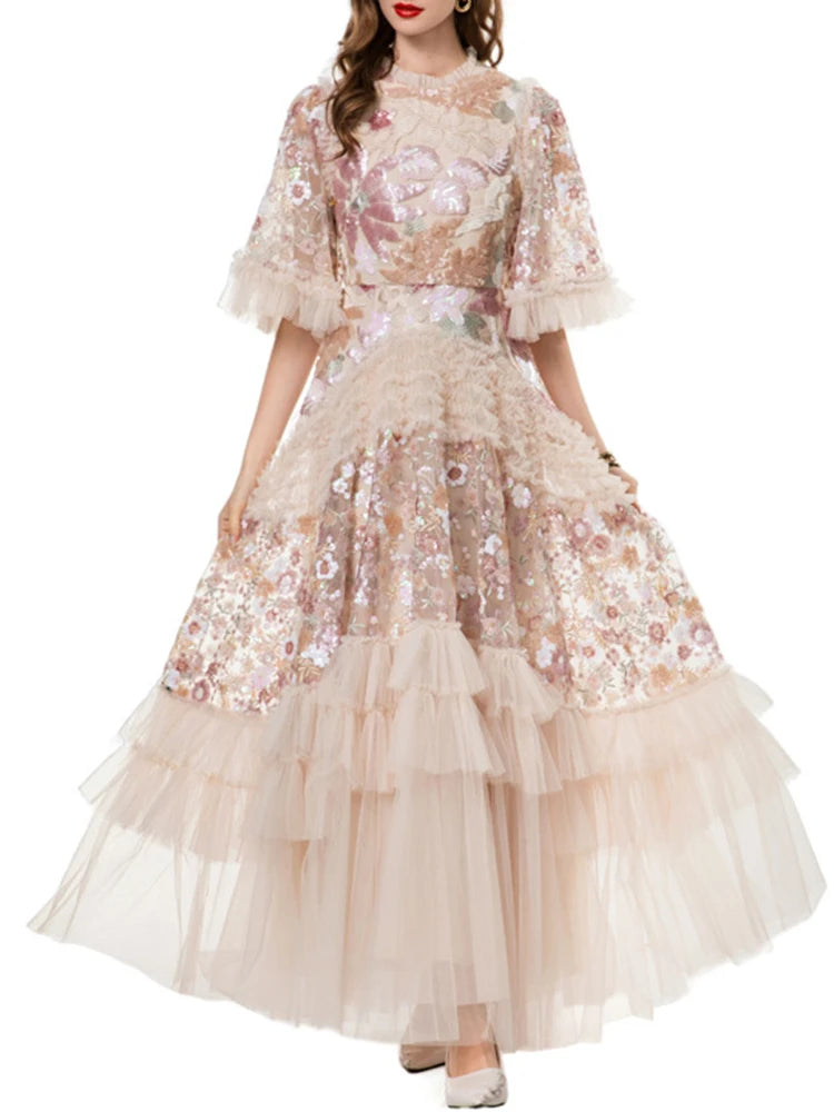 Sequin & Patchwork O-Neck Short Sleeve Regular Fit A-Line Ankle-Length Dress – Natural Waist, Cotton-Polyester, All Season Luxegan