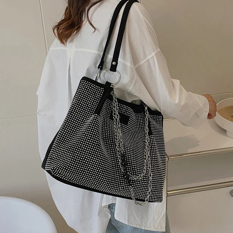 Women's Luxury Design Shopper Tote | Large-Capacity PU Leather Rhinestone Handbag Luxegan