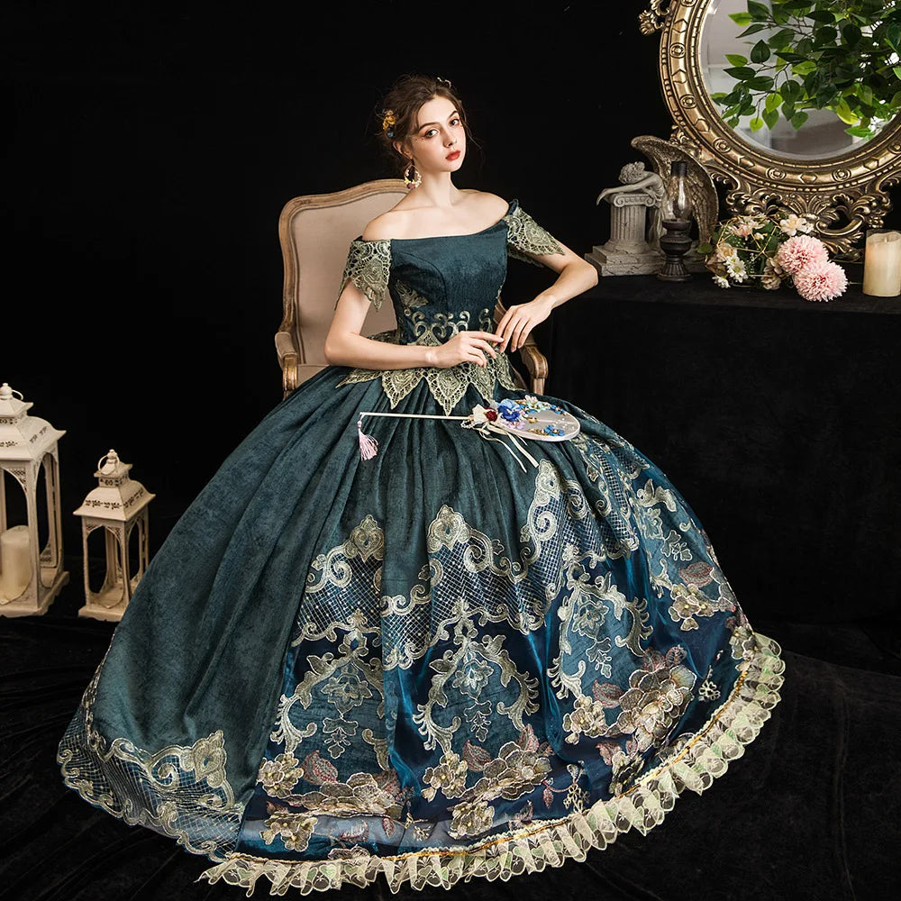 Victorian Renaissance Ball Gown – Square Neck, Flare Sleeve, Floor-Length, Empire Waist