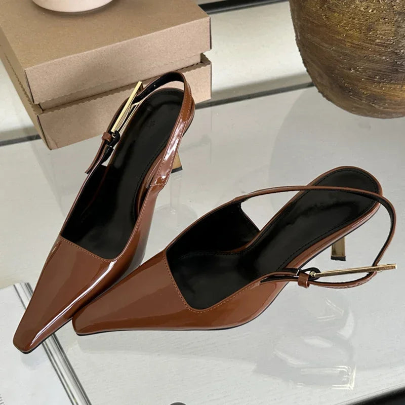 Summer New Fashion Slingback Pumps | Sophisticated Transparent Pointed Toe Heels | Elegant "Patent Leather" Dress Sandals | "Dignified" High Thin Heel Wedding Shoes for Radiant Versatile Styling Luxegan