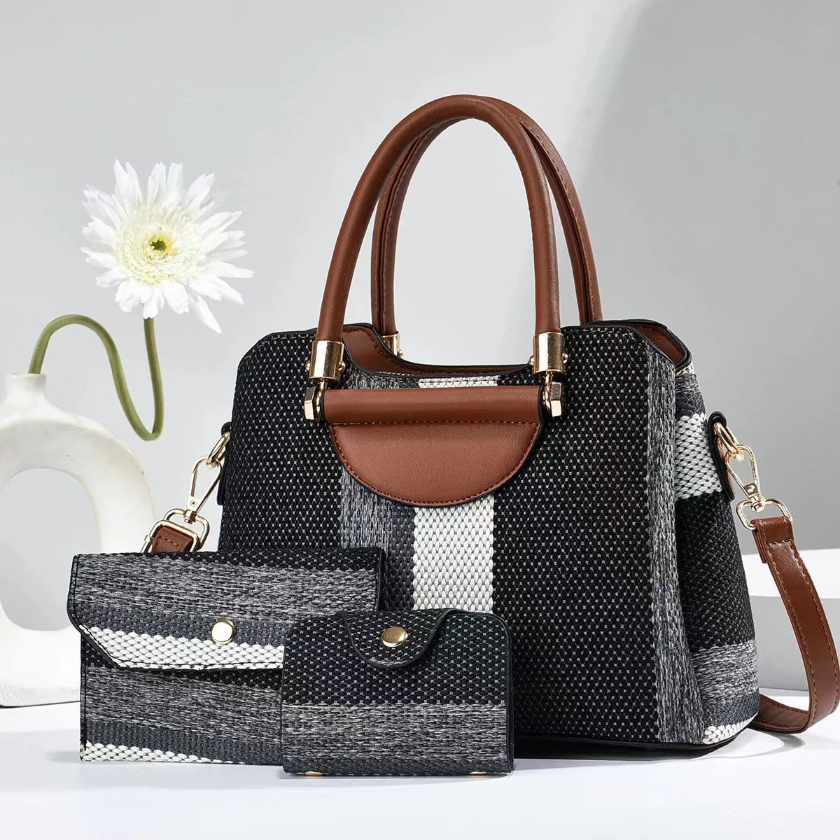3-Piece Set Fashion Women's Handbags | Striped Leather Totes & Top-Handle Bag Luxegan