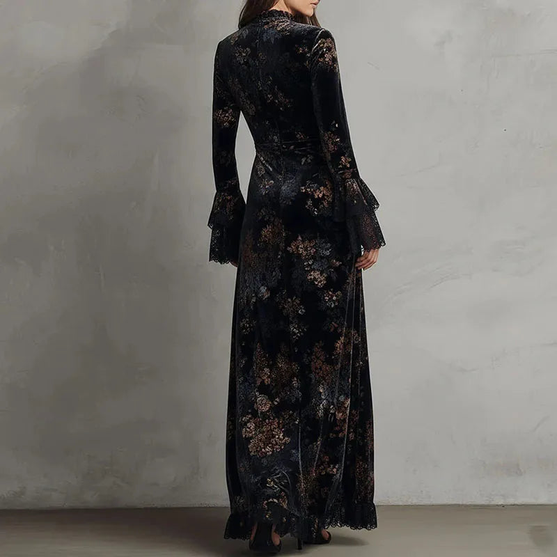 Printed Petal Sleeve Mermaid Maxi Dress – Crew Neck, Empire Waist, Autumn/Winter Luxegan