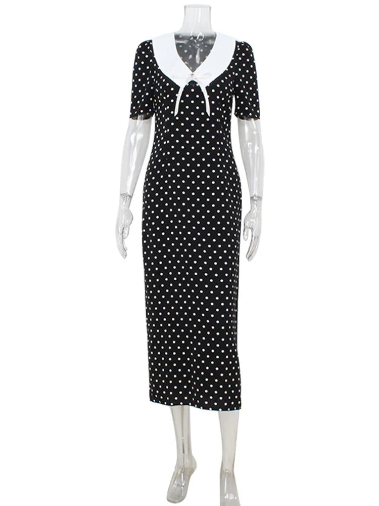 Dot Patchwork Hip-Wrap V-Neck Elegant Dress | Short-Sleeve Ankle-Length Sexy Club Bodycon | Medium-Stretch Slim-Fit Spring Summer Sheath Luxegan