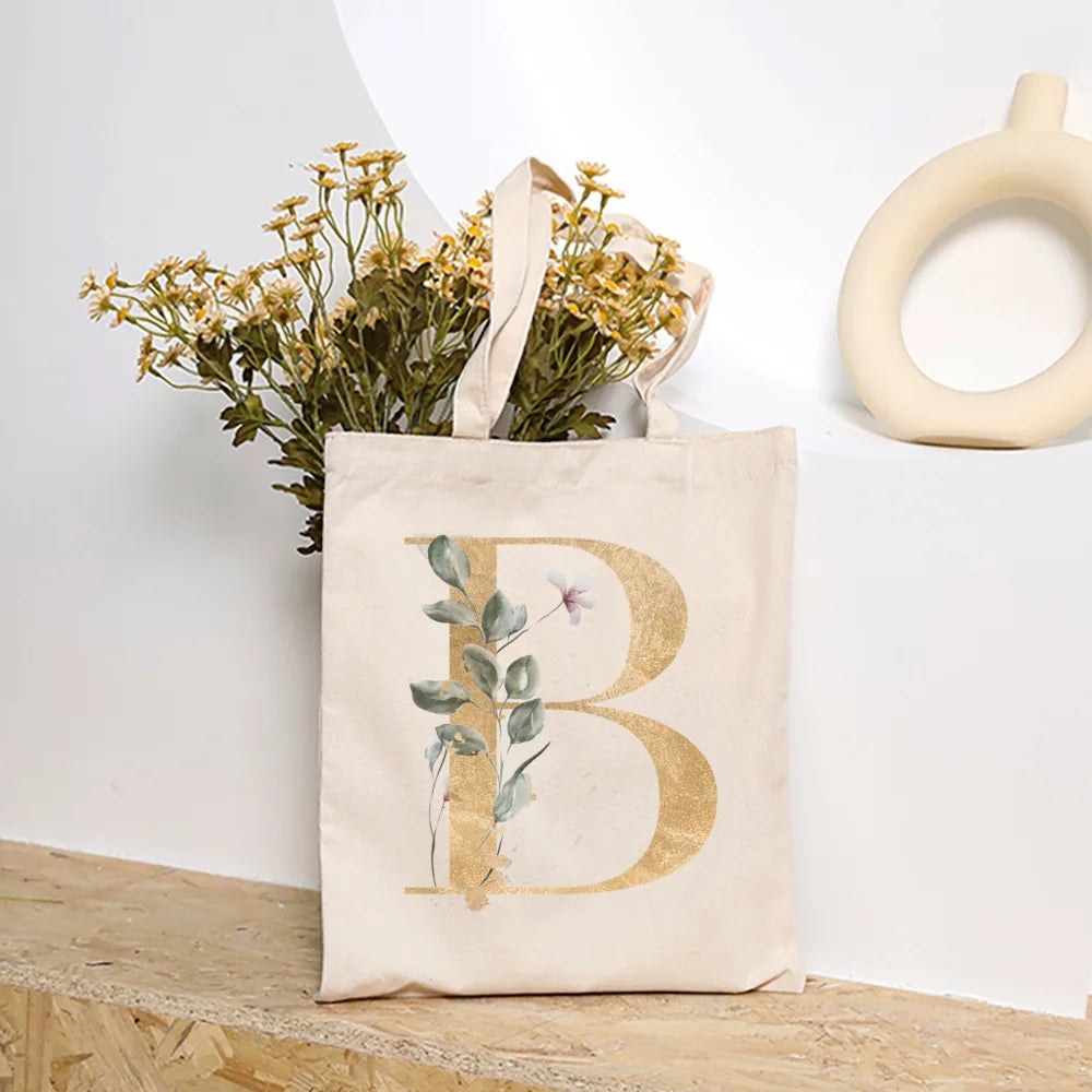 Leaves Plant Initial Print Canvas Tote Bag | Reusable Summer Beach & Shopping Handbag with Hasp Closure Luxegan