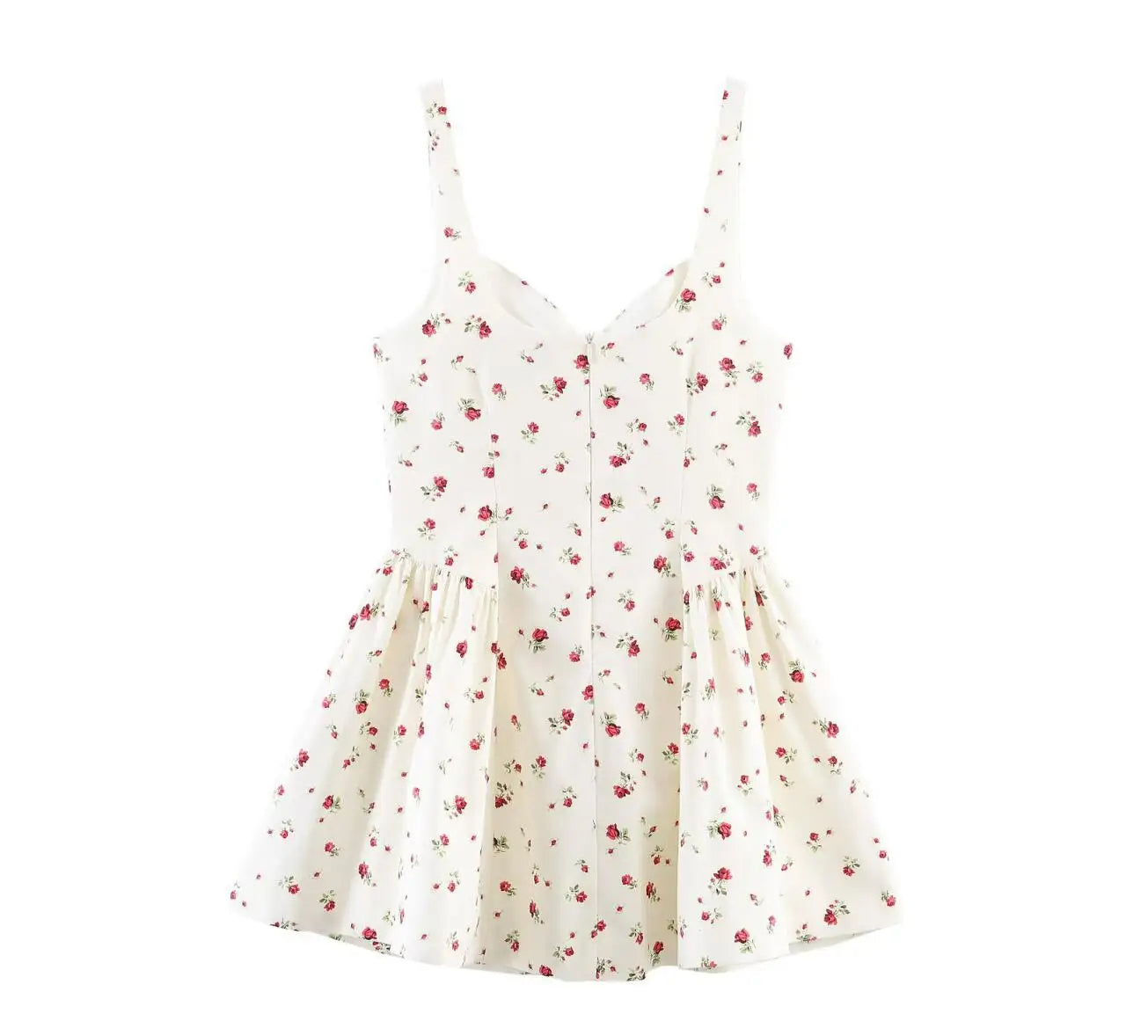 Sexy Beige With Red Floral Print V Collar Sling Mini Dress Women Backless Low Waist Ruched Swing Dresses Femme Vestidos Robe