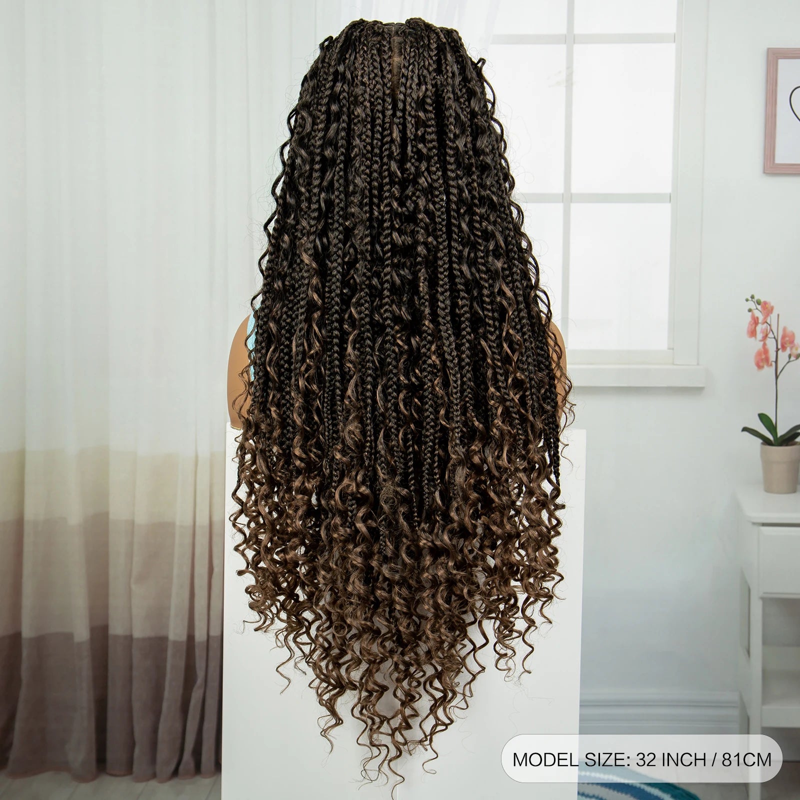 Burgundy Knotless Box Braids Wig with Curly Ends | Full Lace Handmade Luxegan