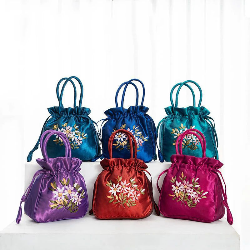 Bolsos Retro Bordados con Cordón Bolsas de Almacenamiento Carteras Monederos Tarjeteros Bolsos de Hombro Tipo Cubo Bolsos de Muñeca