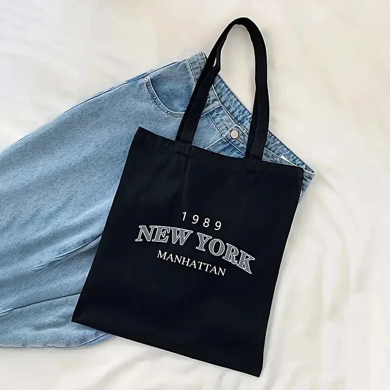 New York Print Women's Canvas Tote Bag | Classic Large Capacity Shopper | Sustainable Square Canvas Shoulder Bag & Handbag Luxegan