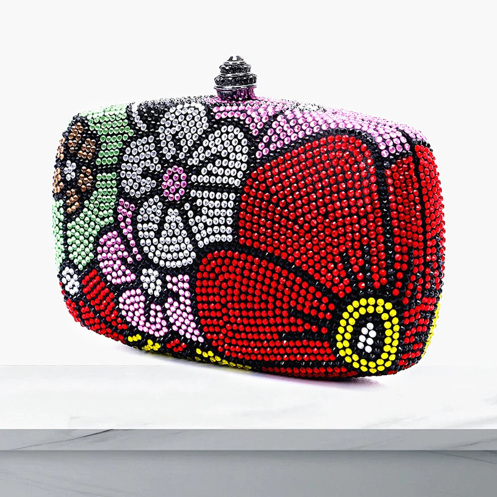 Multi-Flower Rhinestone Clutch | Sophisticated Luxury Diamond Wedding Purse | Elegant Crystal Dinner Handbag | "Dignified" Hard-Shell Designer Minaudière for Formal Party Styling Luxegan
