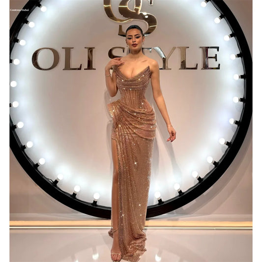 Contessa Dubai Vestido de Fiesta Sirena Plisado con Abertura Lateral Alta Personalizado, hasta el suelo, sin tirantes, sin mangas