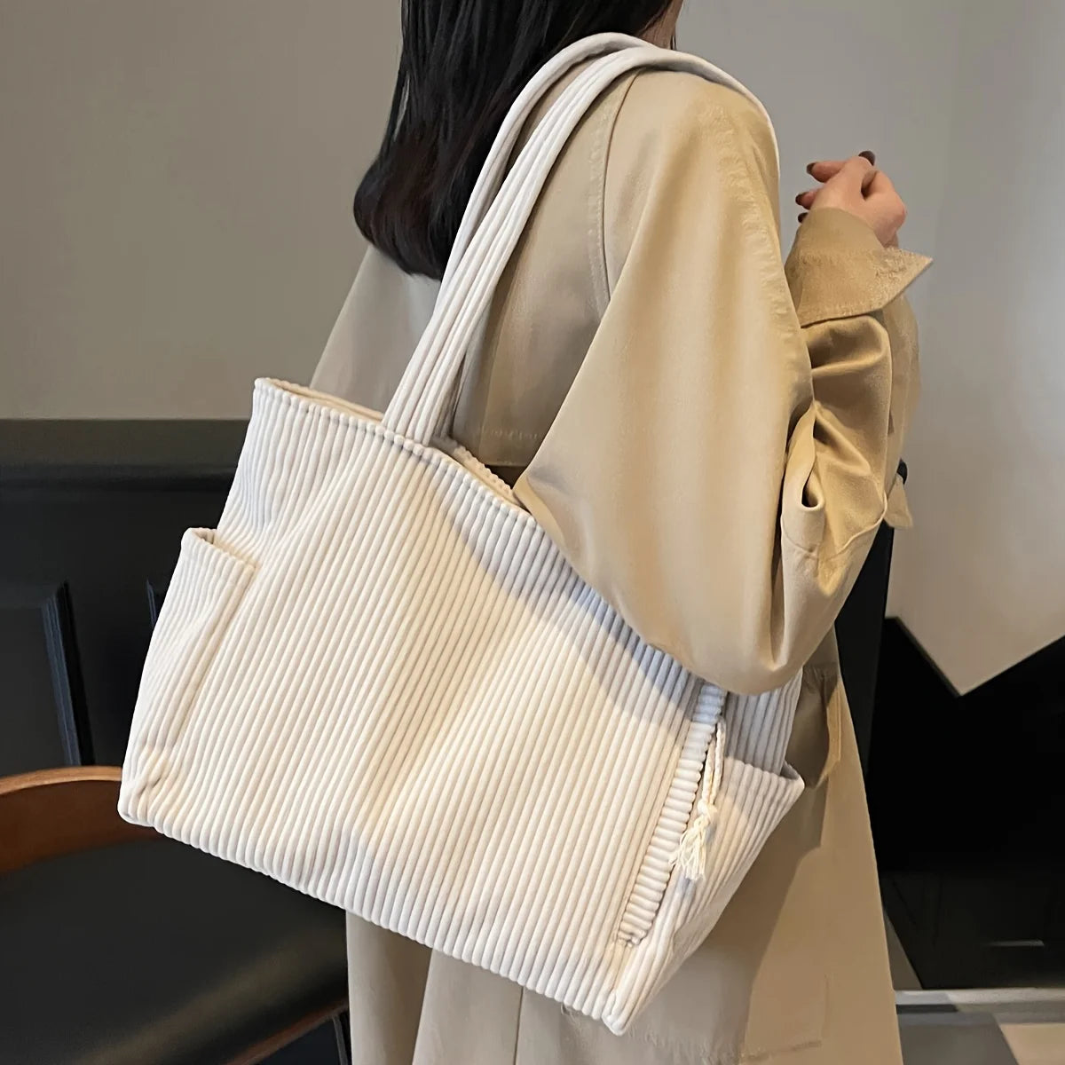 Durable Corduroy Casual Tote | Sophisticated Multi-Compartment Shoulder Bag | Elegant Soft Commuter Handbag | "Dignified" Versatile Daily Pouch for Urban Styling Luxegan
