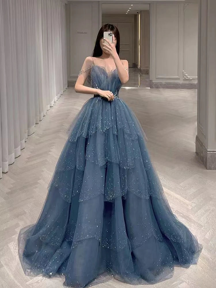 Customized Elegant Blue Straps Luxury Appliques Spaghetti A-Line Beaded Evening Dresses For Women 2026 Prom Dresses Party Dress