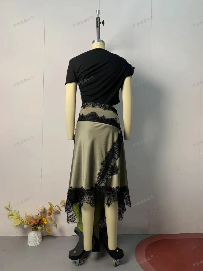 Women's Hollow Waist Lace Splicing Casual Dress | Spring Summer Solid Color Mid-Calf Dress | Elegant Round Neck Short Sleeve Sundress | Premium Non-Woven Slight Stretch A-Line Regular Fit Luxegan