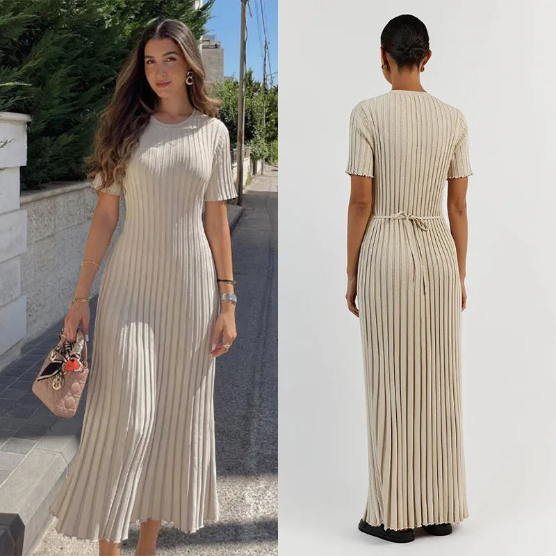 Elegant Knitted Ribbed Long Dress | Sophisticated Slim Wave O-Neck Silhouette | Elegant "Ankle-Length" Hip Package Gown | "Dignified" Single Breasted Hollow Out Design for Radiant Versatile Styling Luxegan