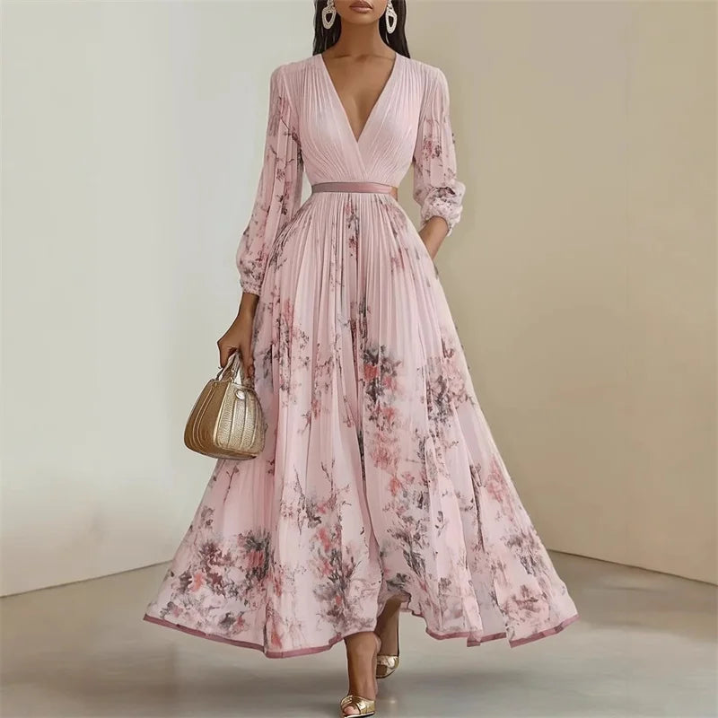 Women's Elegant Spring Summer Maxi Holiday Dress | Sexy V-Neck Printed Long Sleeve Big Swing Gown | Bohemian Slim Fit Ankle-Length A-Line Dress | Premium Tatting Non-Stretch Luxegan
