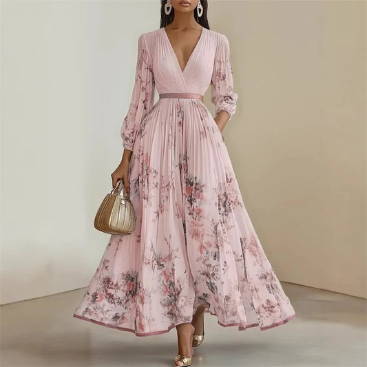 Women's Elegant Spring Summer Maxi Holiday Dress | Sexy V-Neck Printed Long Sleeve Big Swing Gown | Bohemian Slim Fit Ankle-Length A-Line Dress | Premium Tatting Non-Stretch Luxegan