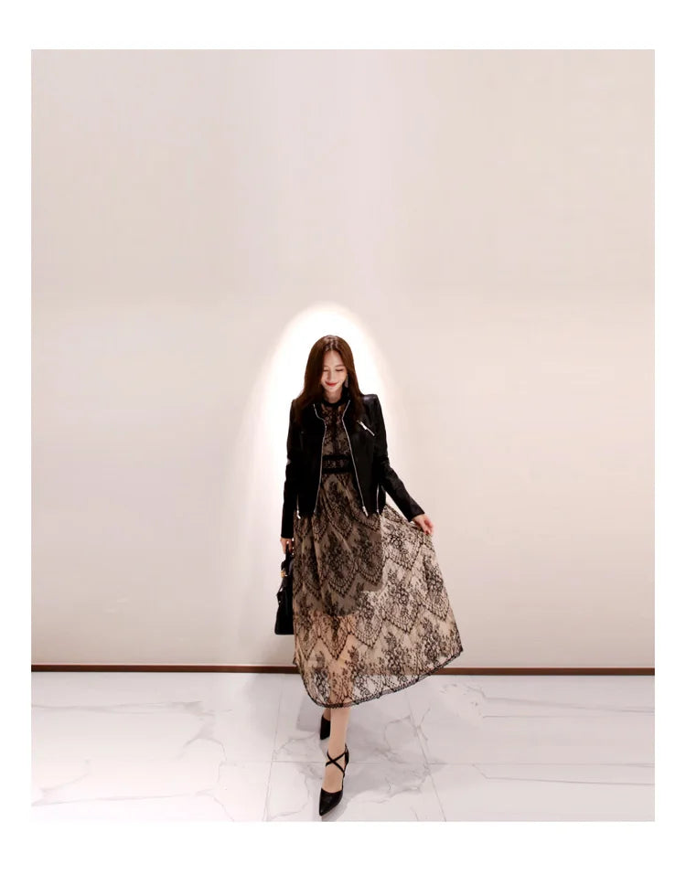 Patchwork Lace O-Neck Full-Length Sleeve Regular Fit A-Line Ankle-Length Dress – Slight Stretch Mesh-Lace, Natural Waist, Spring/Summer Luxegan
