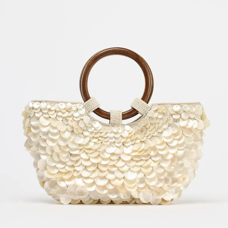 Faux Nacre Appliqué Half-Moon Bag for Women | New Double Circular Top Handles & Removable Chain Crossbody Strap (Fashionable & Versatile) Luxegan