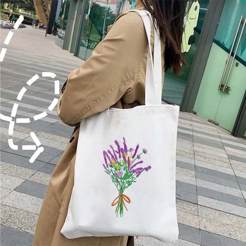 Succulove Floral Cotton Tote Bag | Large Capacity Handbag with Tulips, Hydrangeas, Sunflowers & More (Casual Shoulder Shopper, Eco-Friendly) Luxegan