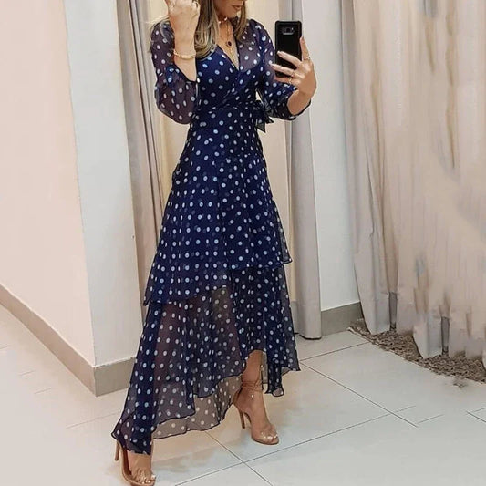 Elegante Vestido de Fiesta con Estampado de Puntos Azul Oscuro, Plisado Irregular, Vestidos de Noche Casuales con Cuello en V, Vestido de Cintura Alta, Vestidos