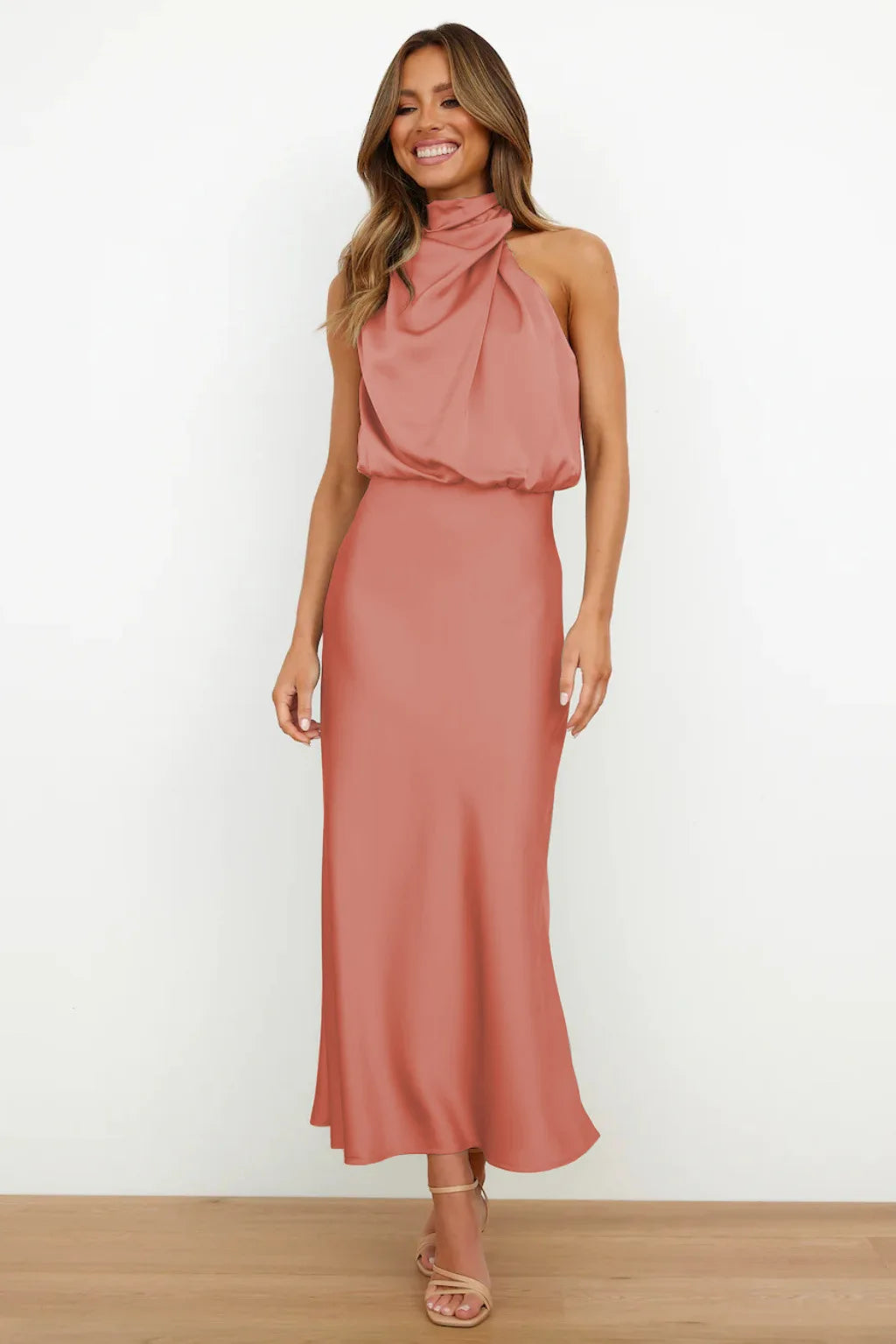 Women's Summer High-End Silk Satin Long Dress | Elegant Celebrity Evening Gown | Luxury Scarf Collar Sleeveless Party Dress | Premium Knit Asymmetrical Slip Maxi Robe Luxegan
