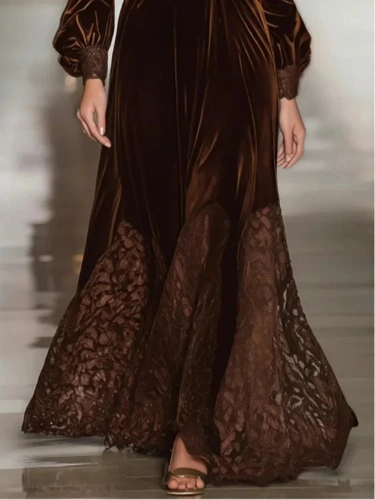 Solid Turtleneck Full Lantern Sleeve Lace Hem Detail Regular Fit A-Line Ankle-Length Dress – Empire Waist, Spring/Autumn Luxegan