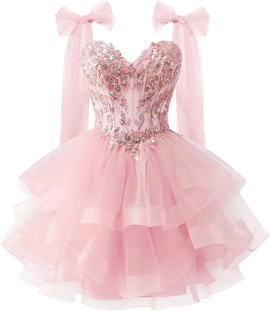 Vestidos de tul escalonados para regreso a casa con apliques de encaje brillante, tirantes con lazo, vestido corto de fiesta para adolescentes, vestido de cóctel, vestido de graduación