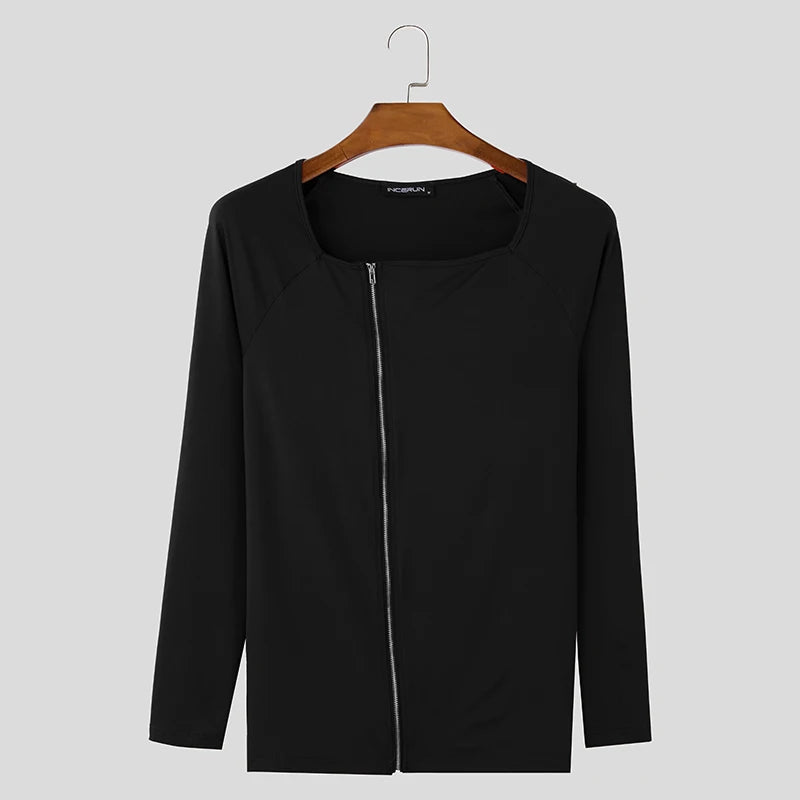Square Neck Knitted Zipper T-Shirt | Sophisticated Long-Sleeved Camiseta Silhouette | Elegant "Zipper Detail" Spring and Summer Top | "Dignified" Solid Broadcloth Tee for Radiant Versatile Styling Luxegan