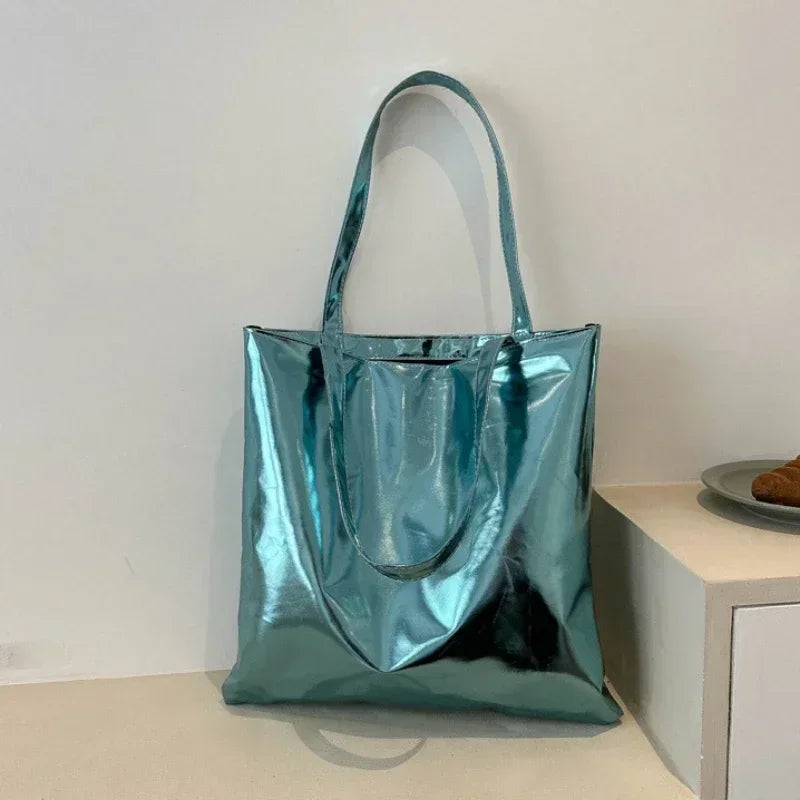 Glossy Fashion Tote Bag | Sophisticated High-Capacity Shopping Pouch | Elegant Shiny Casual Female Purse | "Dignified" Soft TPU Handbag with Top Handles for Versatile Daily Styling Luxegan