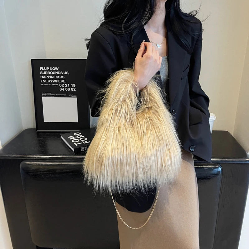 Soft Plush Faux Fur Handbag | Winter Chain Crossbody & Clutch Luxegan
