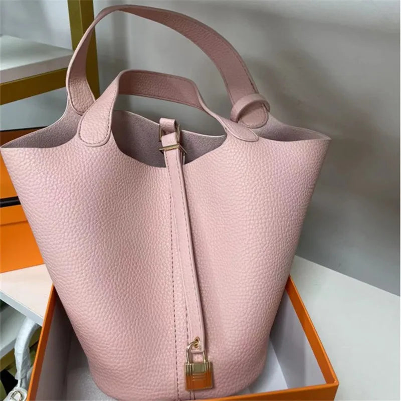 Stylish Bucket Shopping Tote Bag for Women | Soft PU Litchi Pattern Handbag with Lock & Small Horse Scarf (Classic, Versatile) Luxegan