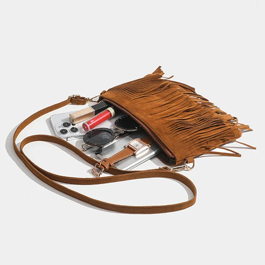 Vintage Tassel Crossbody Bag | Sophisticated Boho Style Fringe Shoulder Bag | Elegant Versatile Women’s Handbag | Luxury Cotton Fabric Square Purse with "Dignified" Artisan Tassel (Model T618) Luxegan