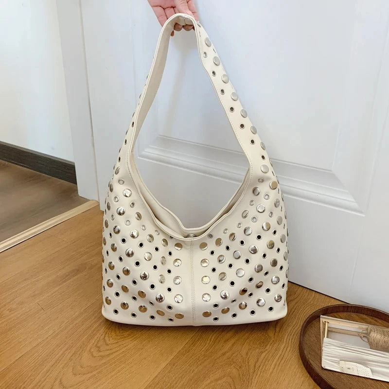 Luxury Designer Punk Rivet Shoulder Bag | Vintage Classic Motorcycle Casual Tote | Premium PU Leather Large-Capacity Handbag | Versatile Four-Seasons Fashion Bag with Polyester Lining Luxegan