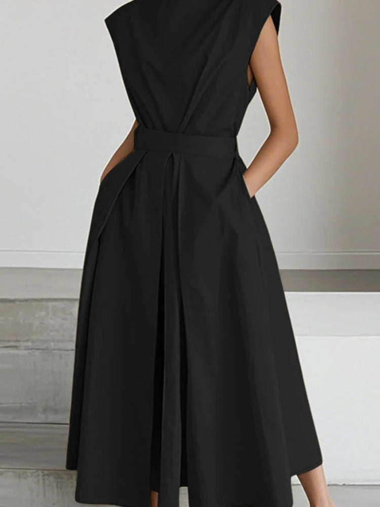 Solid Turn-Down Collar Short Sleeve Regular Fit A-Line Ankle-Length Dress – Polyester, Empire Waist, Summer Luxegan