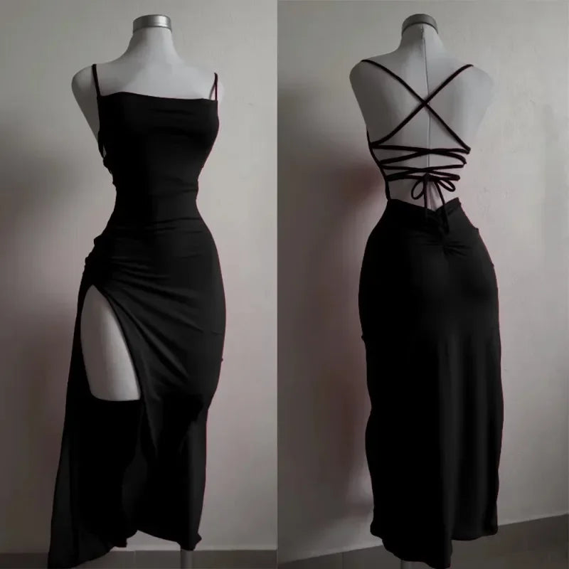 Women's Summer High-Sensibility Halter Dress | Spice Girl Backless Bag Hip Bodycon Dress | Elegant Slash Neck Sleeveless Clubwear | Premium Knit Slight Stretch Slim Fit Straight Maxi Vestido Luxegan