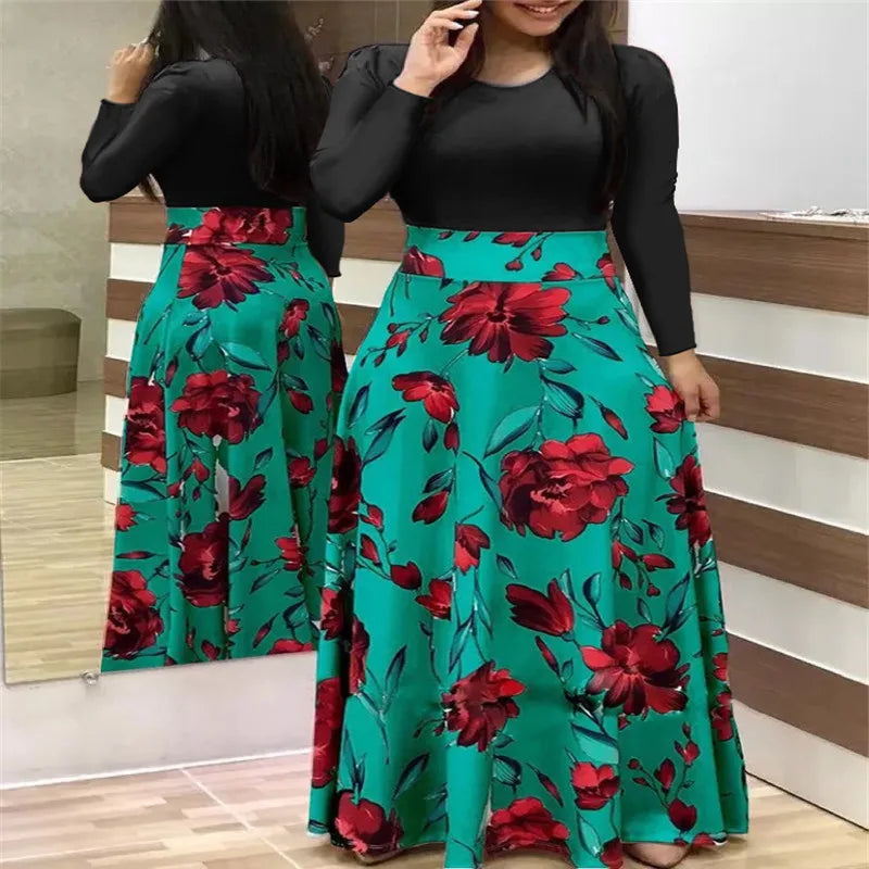 Print Round Neck Regular Fit Straight Ankle-Length Dress – Short & Long Sleeve Options, Spring/Summer