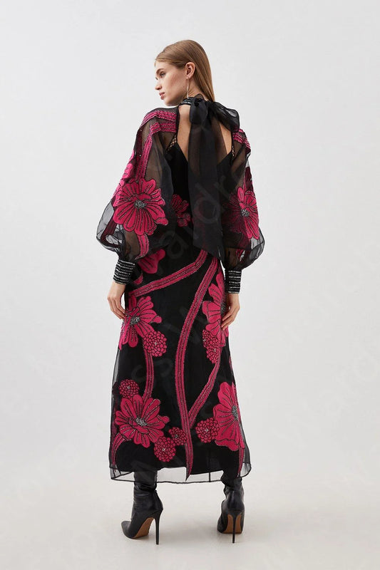 Vintage Black Arabic Contrast Color Evening Dress | Elegant High-Neck Full Sleeve Prom Party Gown | Luxury Beaded Organza Ankle-Length Wedding Guest Dress | Classic A-Line Bespoke Formal Gown Luxegan