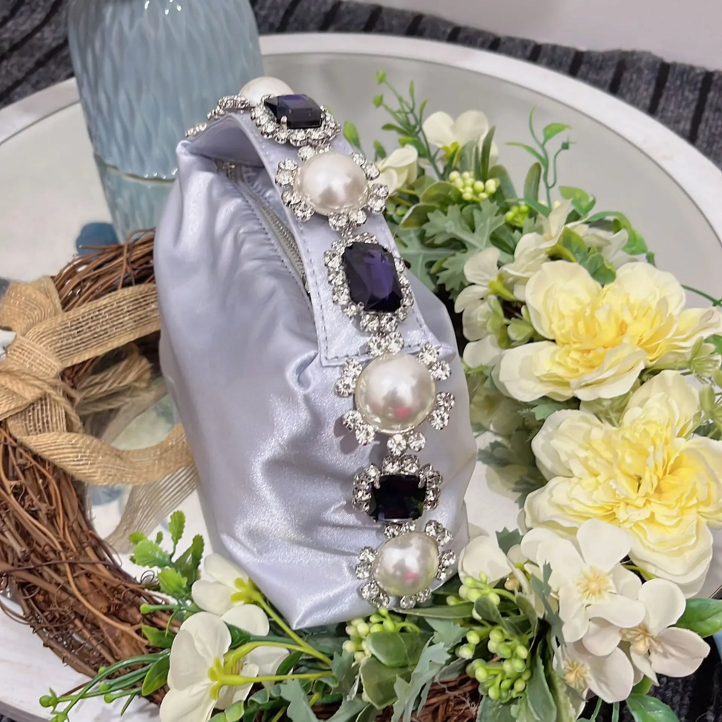 Luxury Feather & Pearl Evening Clutch | Designer Satin Wedding Purse with Diamond Decoration | Fashionable Sparkling Square Party Tote | Elegant White Satin Flap Handbag Luxegan