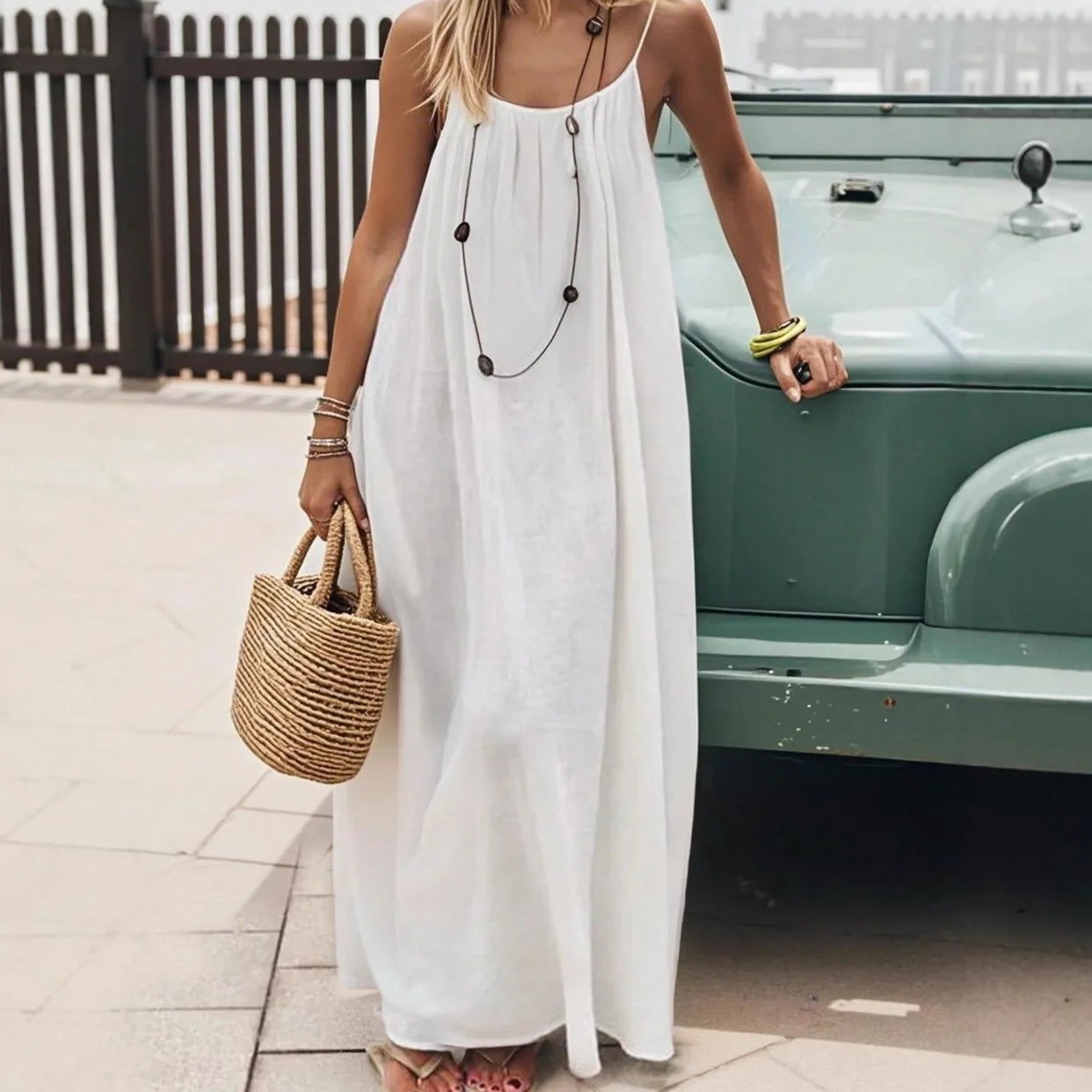 Ladies Loose H-Line Long Gown Nightwear | Comfortable Polyester Sleeveless Strap Home Clothing | Casual V-Neck Solid Color Lounge Dress | Elegant Ankle-Length Summer Beach Style Sleepwear Luxegan