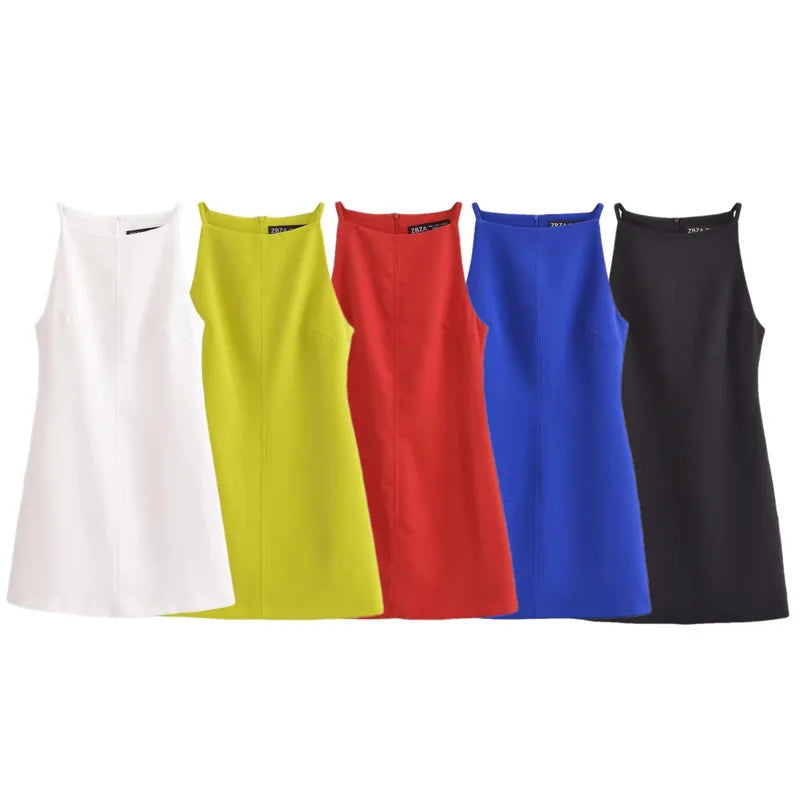 Summer Off-Shoulder Slip Dress | Sexy Solid Color Sleeveless TANK Gown | Elegant High Street Zipper Accent Above Knee Mini Dress | Premium Tatting Regular Fit Straight Luxegan
