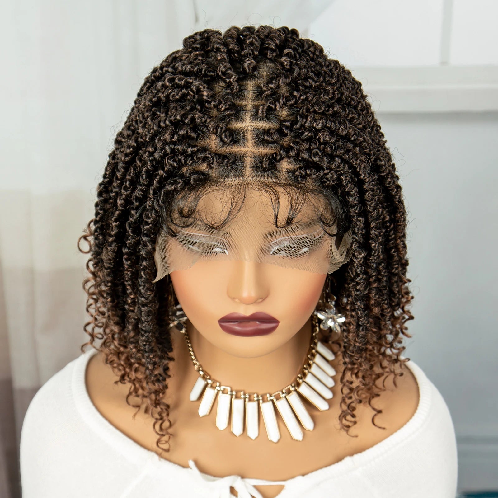 Short Knotless Box Braids Bob Wig with Curly Ends | Handmade Lace Front Luxegan
